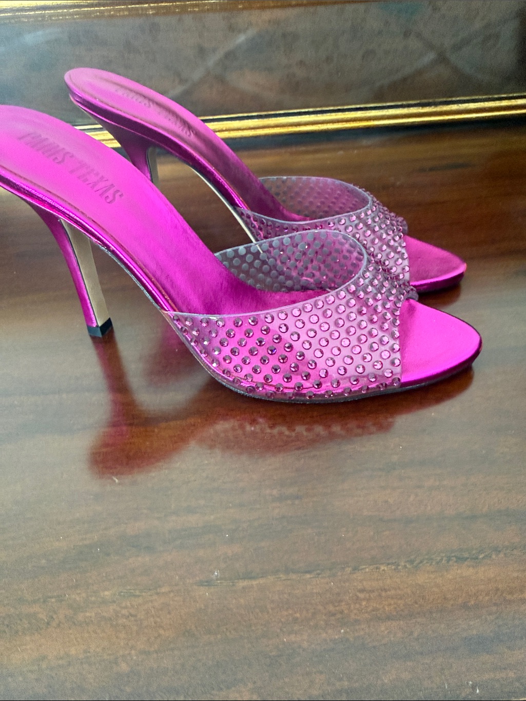 Paris Texas Hot Pink Crystal-Embellished Slide Heels